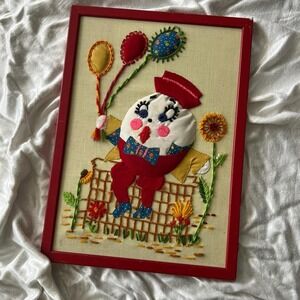 VTG 70s Humpty Dumpty Applique Embroidery Crewl Pillow 3D Design Home Decor